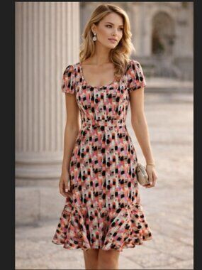 Femme Multicolour Midi Dress Short Sleeve Ruffle Hem Office Work Size Small